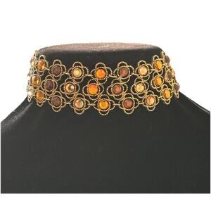 Rhinestone Crystal Link Choker Necklace Party Prom Necklace Women Gold Brown